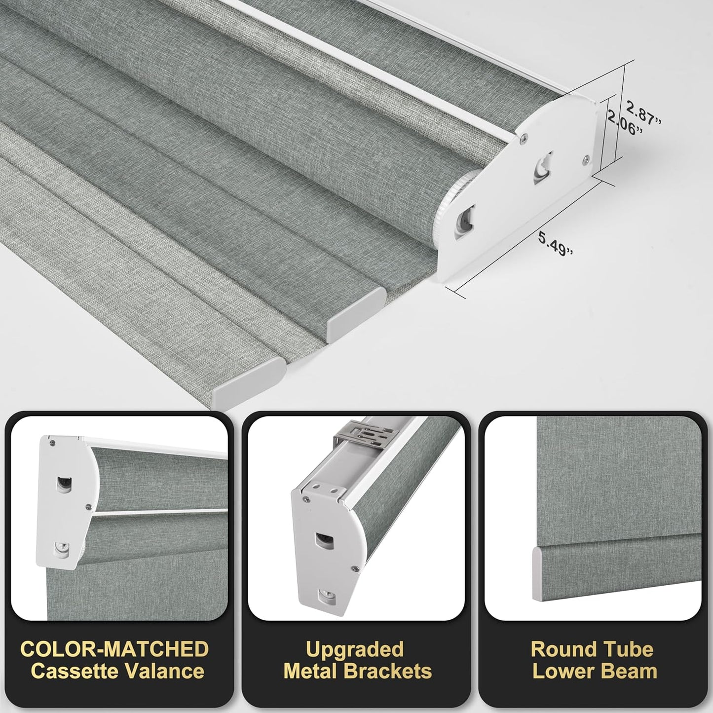 BERISSA Cordless Dual Roller Shades with Cassette Valance, Double Window Shades - Blackout and Light Filtering - Day and Night - Linen Grey. 29 W x 80" H