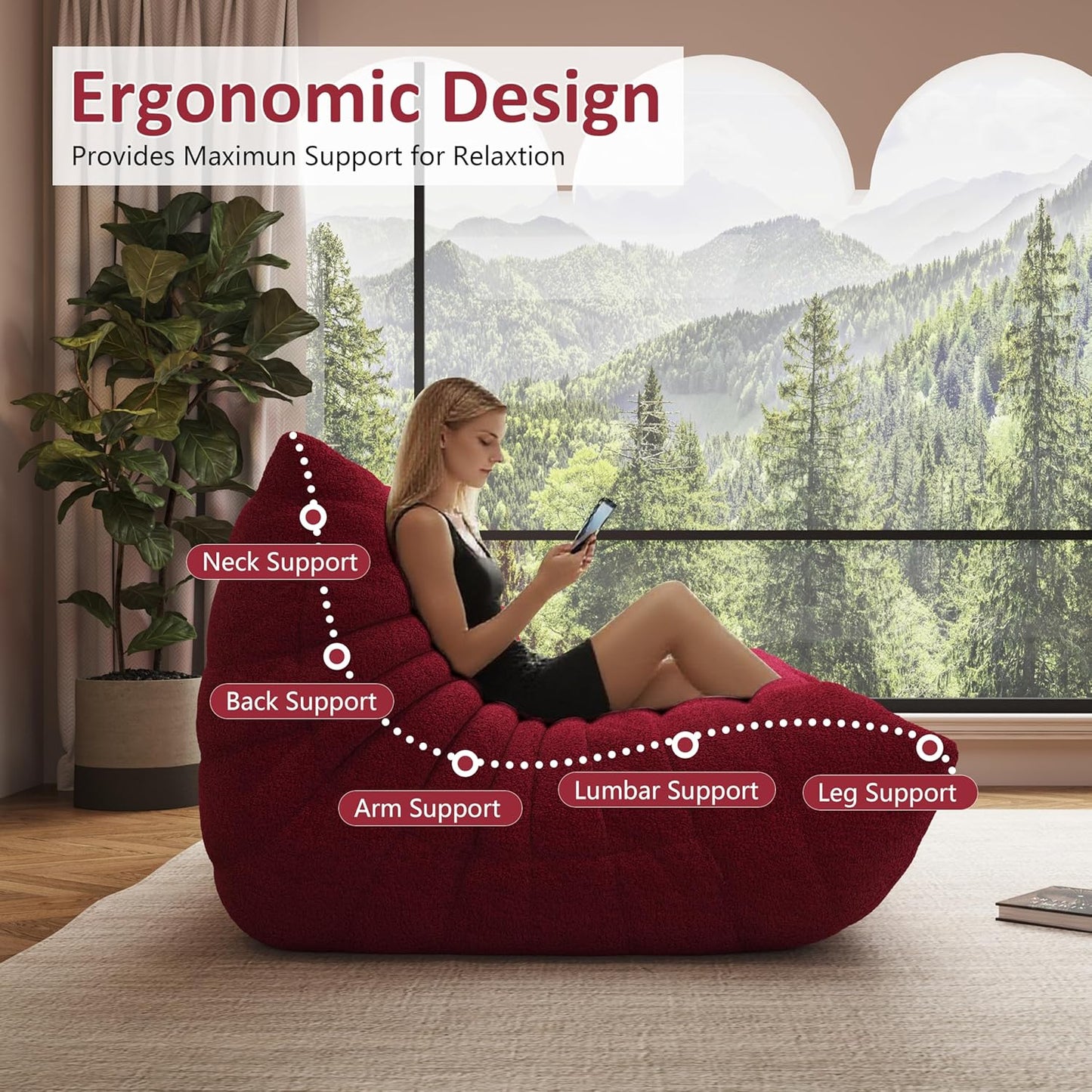 Bean Bag Chair, Oversized Bean Bag Chair for Living Room, Fireside Chair for Adults with Memory Foam Filled, Big Accent Lounge Floor Sofa for Reading, Relax, No Assembly Required. (Burgundy 3-Seater)