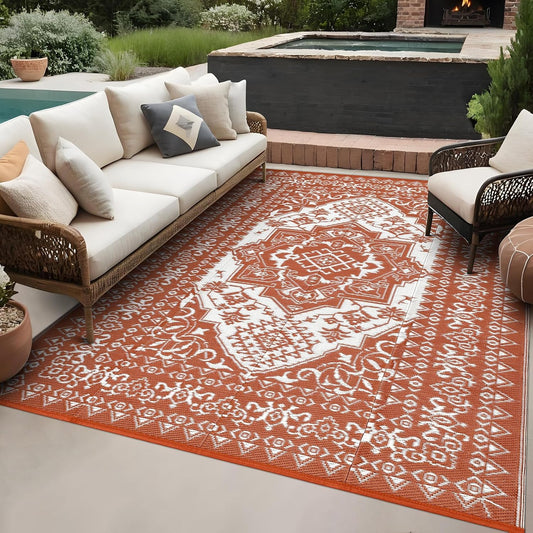 GAOMON Large Outdoor Plastic Straw Rug 10x14 Waterproof Patio Rug Reversible Foldable Portale Camping Mat with Stakes & Bag, Vintage Boho Outside Carpet for RV Garden Deck Porch, Orange Red