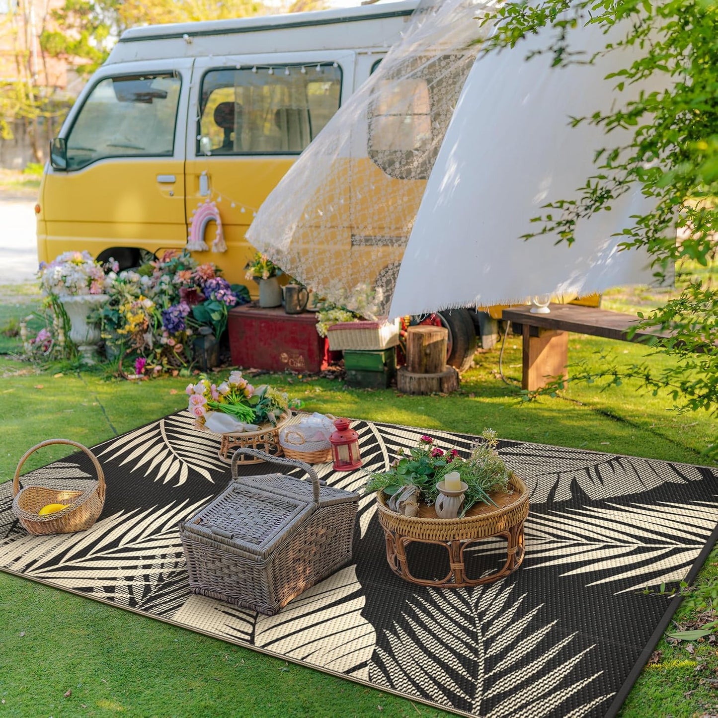 GENIMO Outdoor Rug 9' x 12' Waterproof for Patios Clearance, Reversible Outdoor Plastic Straw Camping Rug Carpet, Large Area Rugs Mats for RV, Camper, Deck, Balcony, Porch, Beach, Picnic, Black&Beige