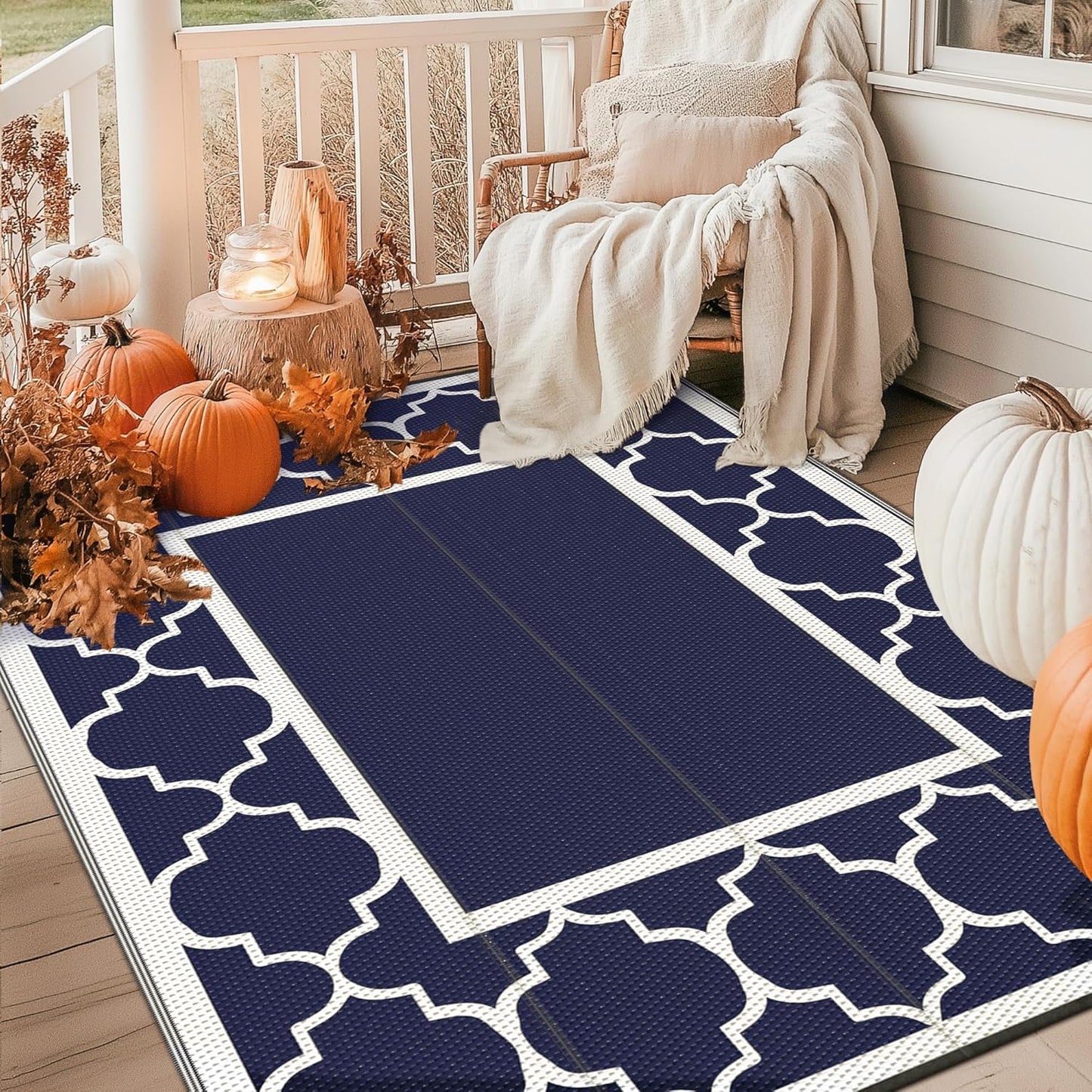 GENIMO 9' x 12' Outdoor Rug Waterproof for Patio Decor, Foldable Reversible Plastic Straw Area Rugs Mat for Camper, Outside Carpet for Rv, Deck, Porch, Picnic, Beach, Balcony, Blue & White