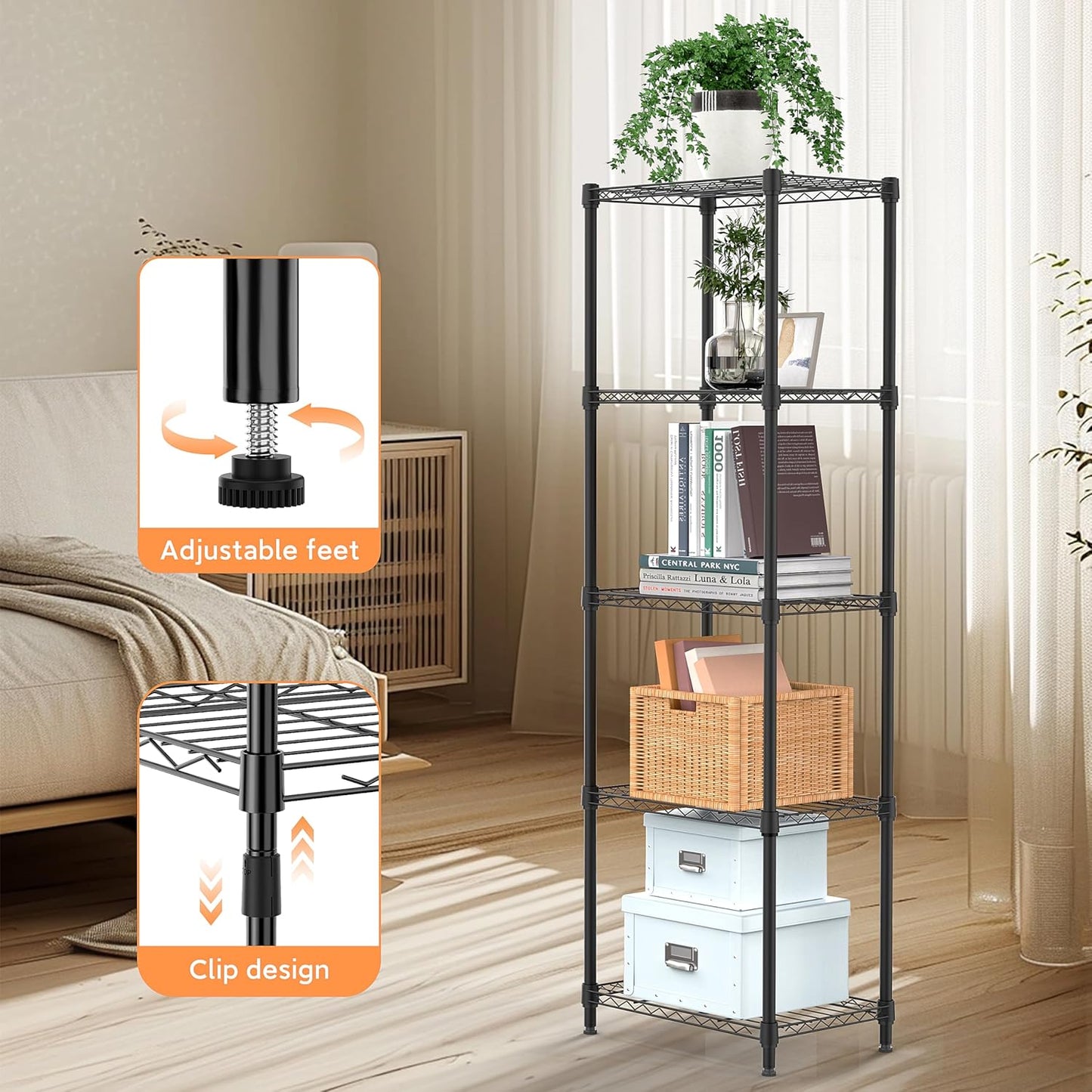 5 Tiers Shelf Metal Storage Shelves Wire Rack Closet Organizers with Wheel for Garage Kitchen Bathroom Laundry Black 11.8" D x 17.7" W x 55" H