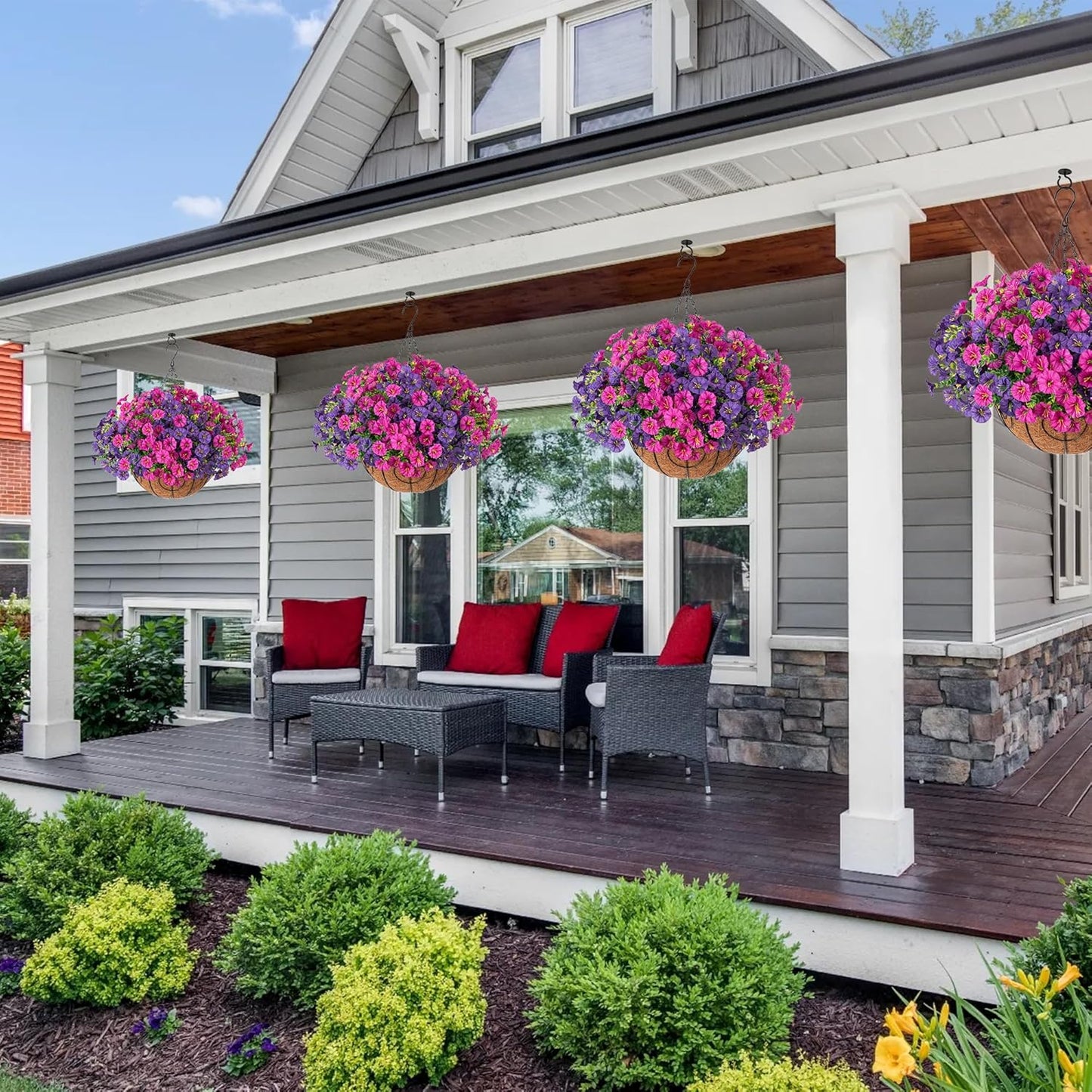 Artificial Faux Hanging Flowers Plants Basket for Spring Summer Outdoors Decoration, Silk Morning Glory with Eucalyptus Look Real UV Resistant Fake Flowers for Outside Porch Patio Balcony Home, Mix