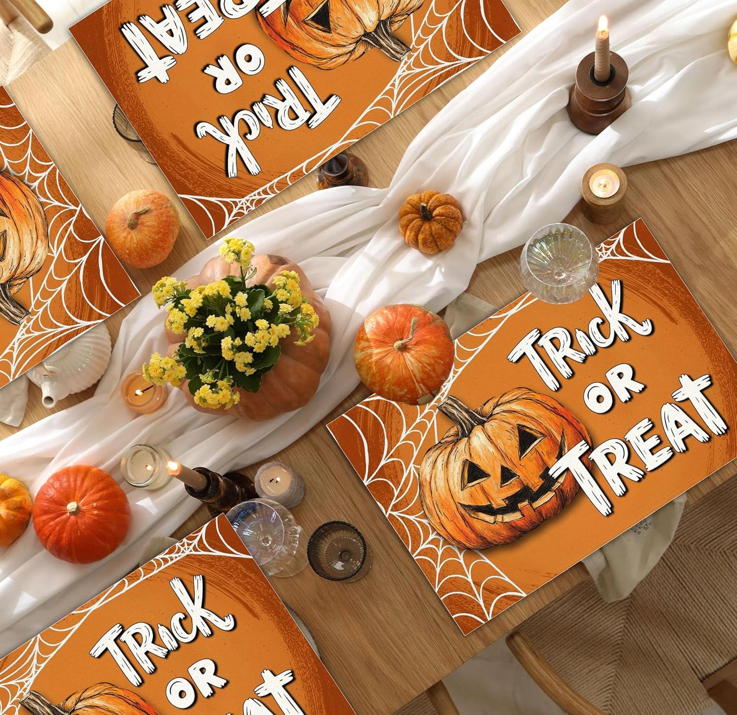 Halloween Pumpkin Placemats Set of 4, 12x18 Inch Trick Or Treat Table Mat, Washable Heat Resistant Place Mats for Kitchen Dining Table, Halloween Themed Decoration for Home-B06
