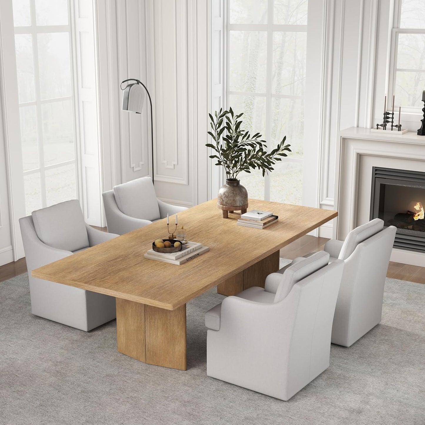 VKNOW Upholstered Dining Chairs Set of 4, Modern Kitchen Chairs Dinner Chairs with 4 Casters, Linen Armchair for Bedroom Reading Room Living Room, Light Grey