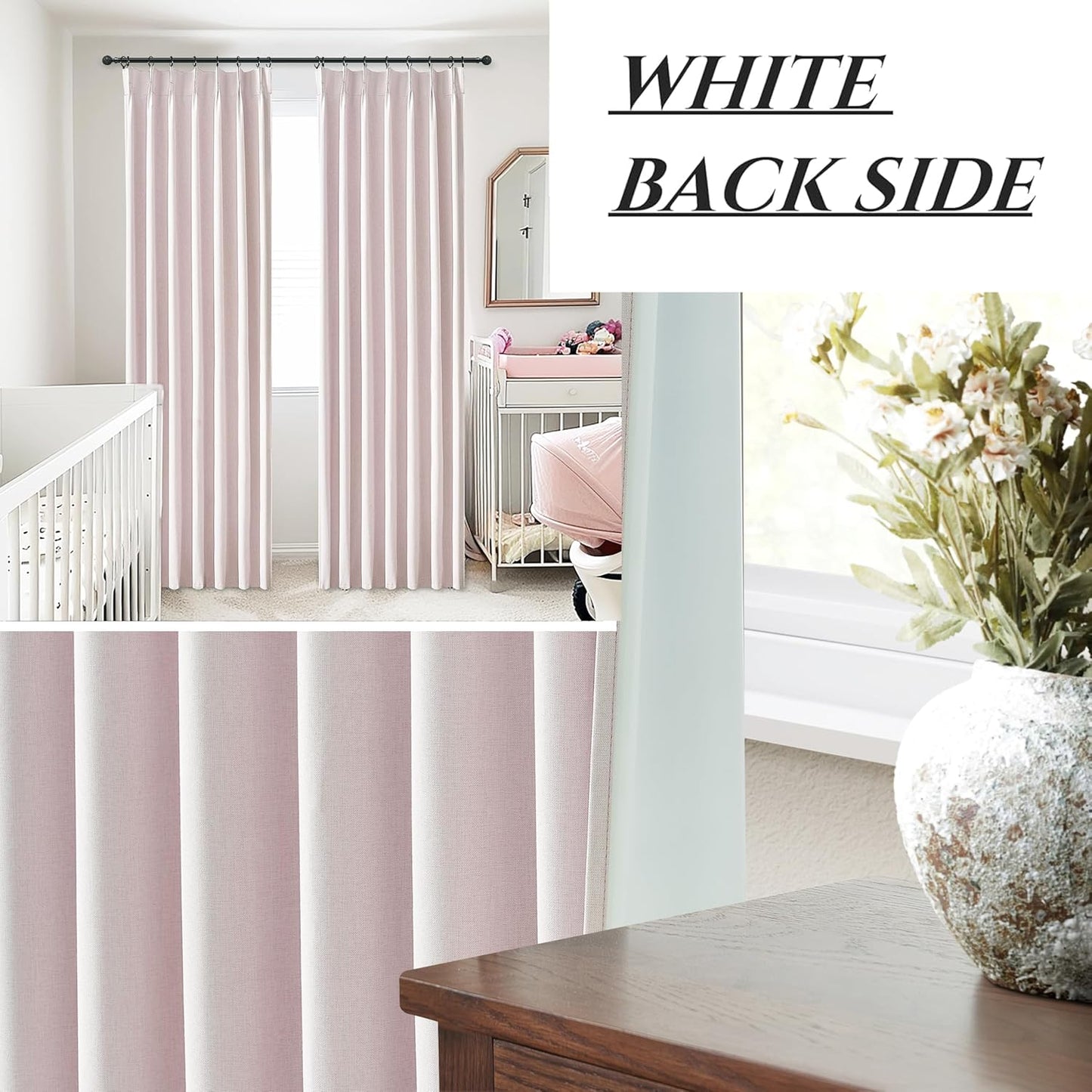 Baby Pink Linen Nursery Curtains 2 Panels Pinch Pleated 102 Inches Long, Thermal Blackout Curtains White Backing Princess Room Darkening Drapes Fabric Thick for Bedroom Windows Treatment(40"Wx102"L)
