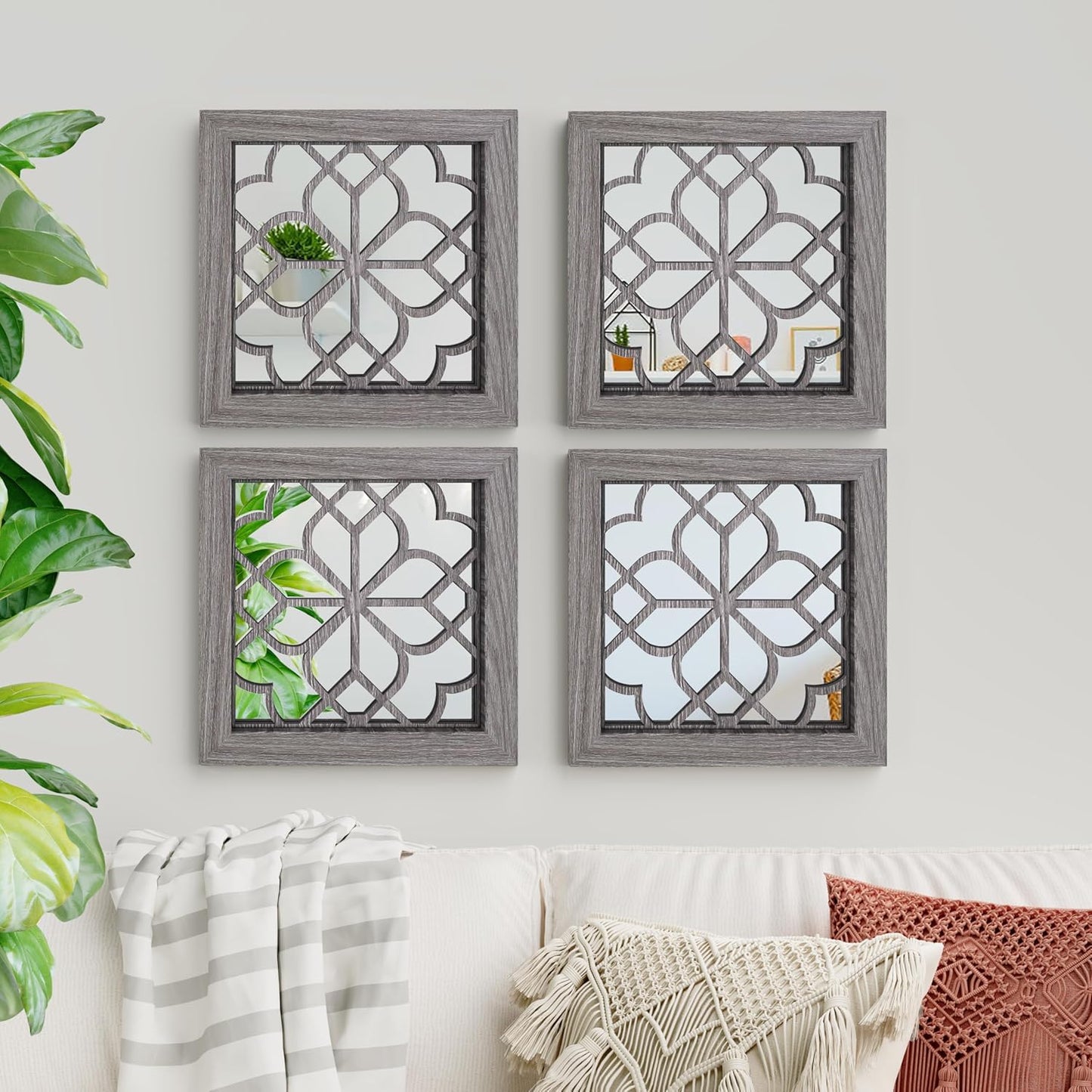 4pcs Farmhouse Wall Mirror with Carved Floral Design -Rustic Mirror Decor for Home, 12x12 inch(Brown)