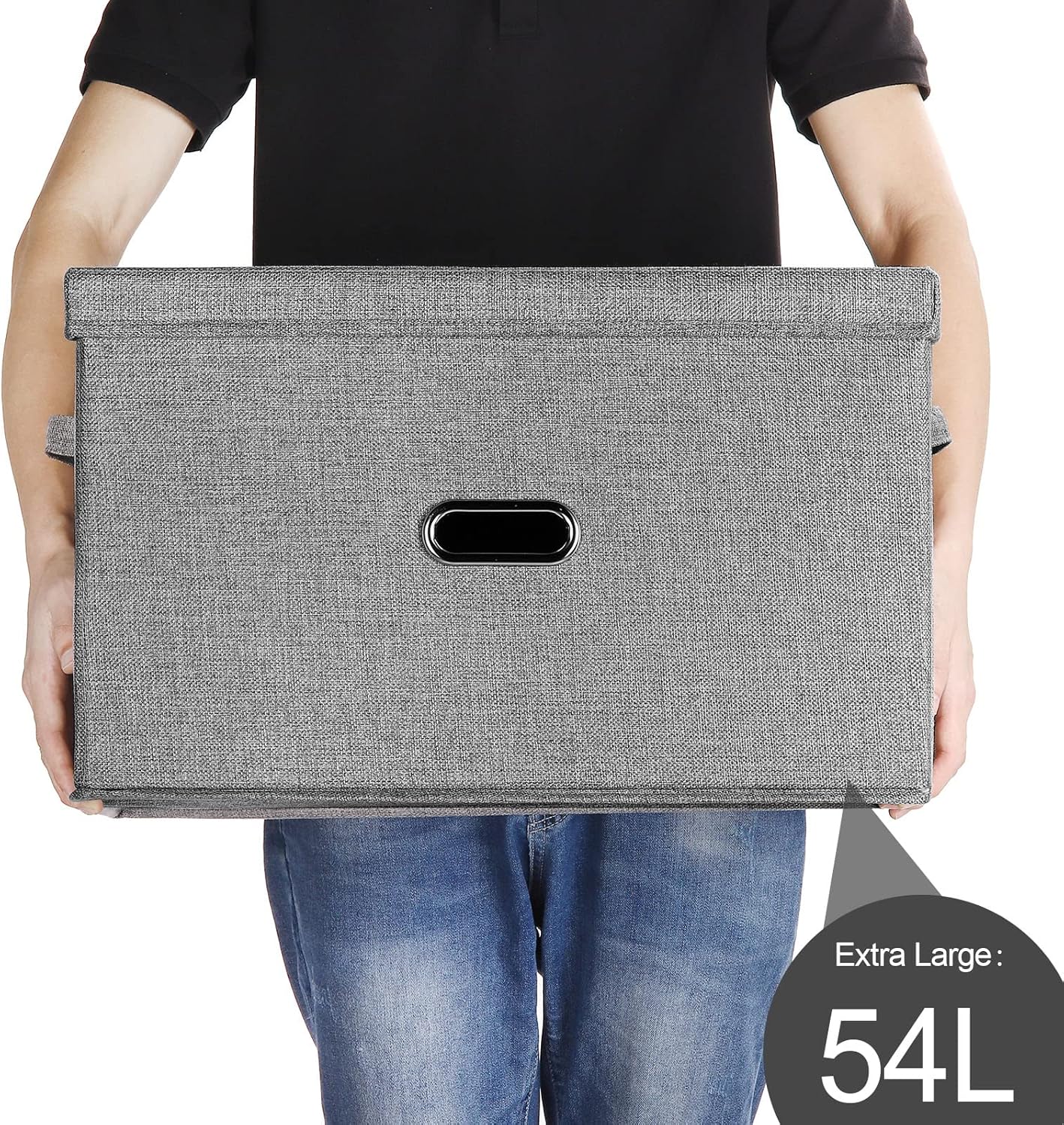 Large Linen Fabric Foldable Storage Bins with Removable Lid and Handles, Washable Storage Box Organizer Containers Baskets Cube with Cover for Bedroom,Office(Black, Extra Large)