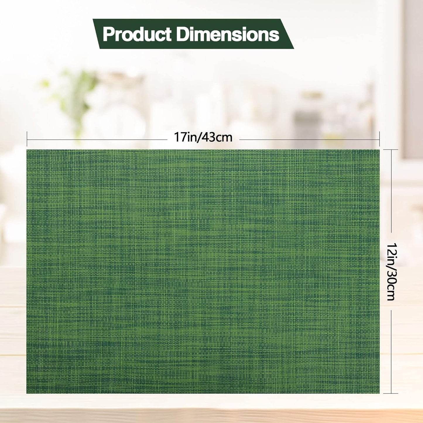 Green Placemats Set of 6 - Wipe Clean Vinyl Placemats - Washable Heat Resistant PVC Table Mats for Dining Table - 17x12 Inch (Green, 6)
