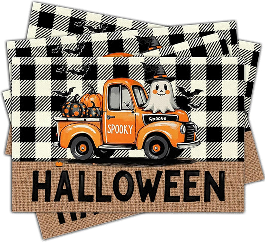 Halloween Pumpkin Placemats Set of 4, 12x18 Inch Plaid Truck Decorative Table Mats, Washable Heat Resistant Place Mats for Kitchen Dining Table, Spooky Themed Decoration for Home-B08