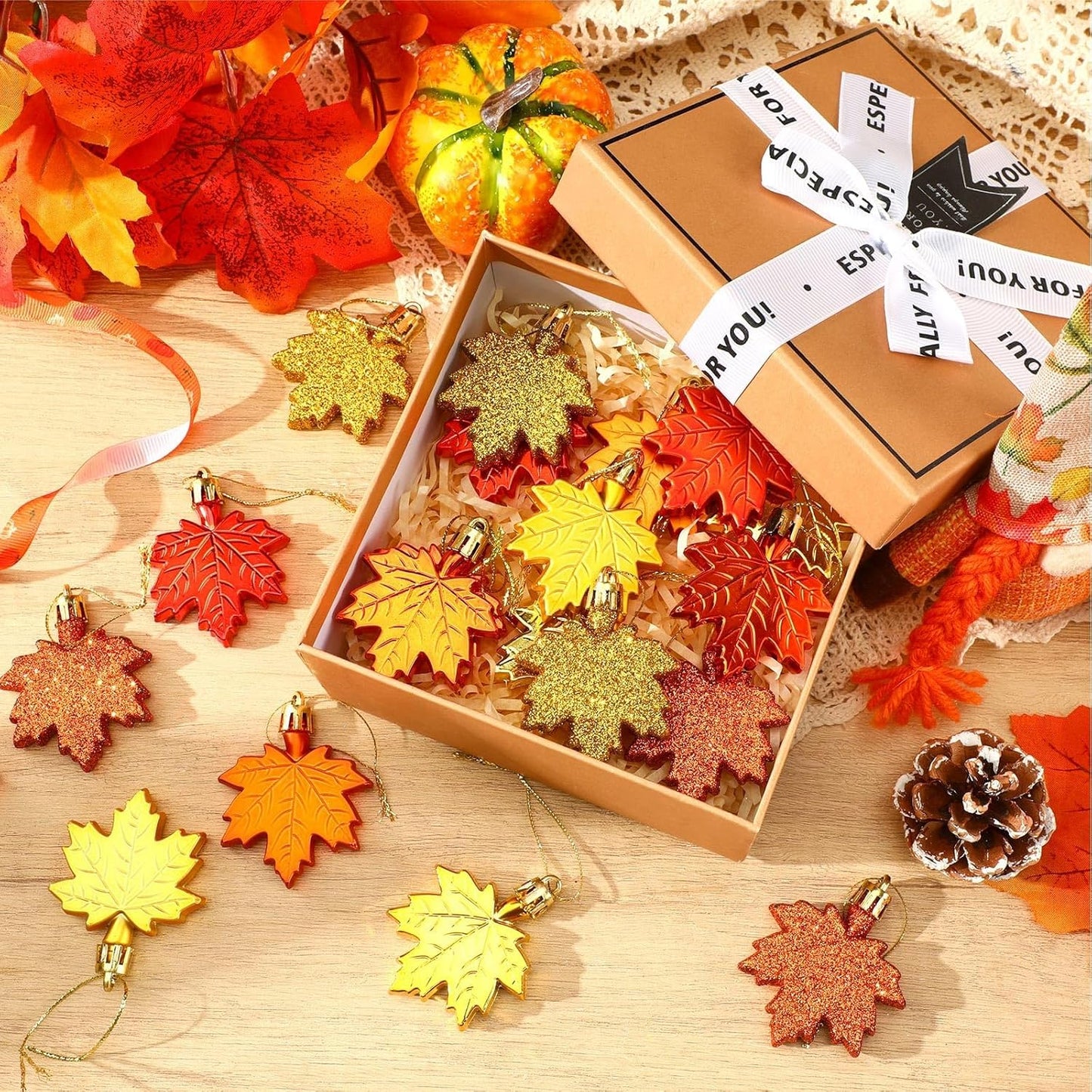 JULMELON 24 Pcs Fall Thanksgiving Maple Leaf Ornaments Tree Decorations Fall Autumn Mini Maple Hanging Ornaments with Rope Glitter Maple Pendant for Farmhouse Rustic Party Favors Supplies