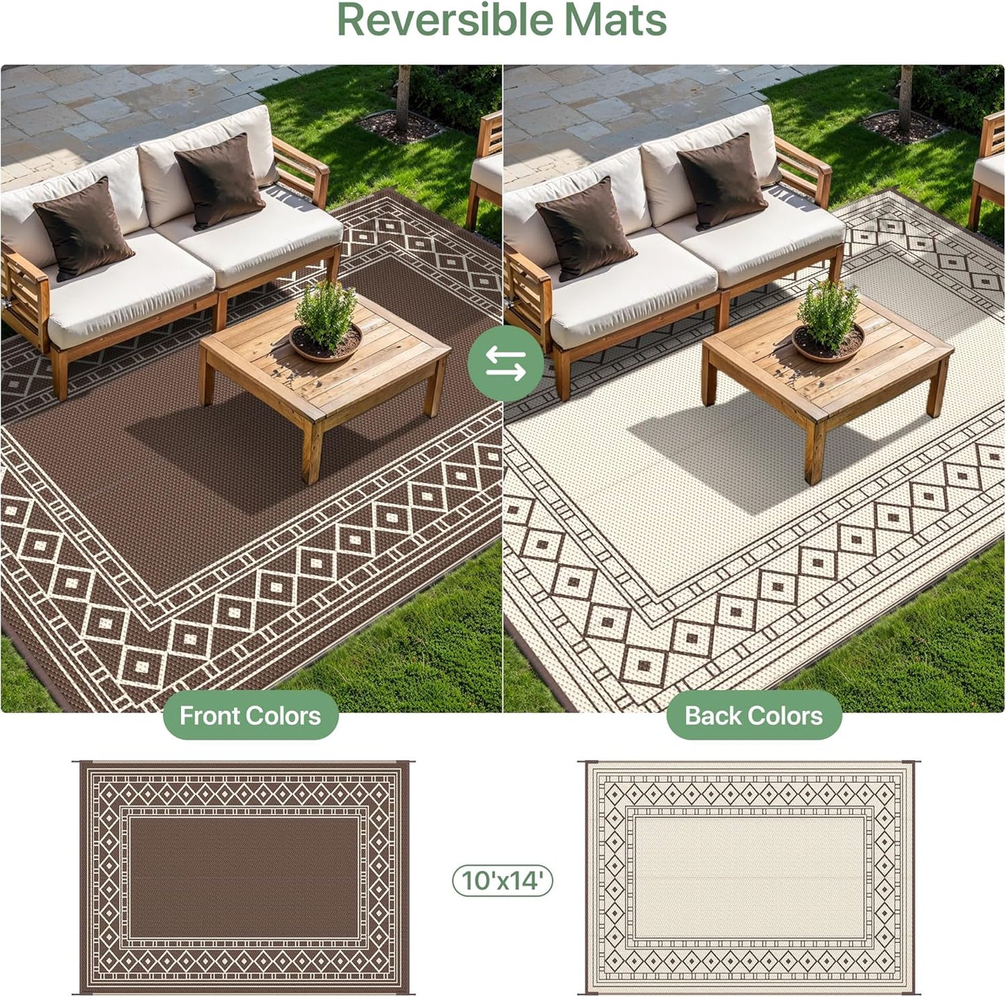 GENIMO Outdoor Rug Waterproof for Patio, 10'x14' Foldable Reversible Plastic Straw Carpet for Travel Trailers, Outside Area Mat for Rv, Deck, Picnic, Porch, Camper, Balcony, Beach, Coffee & Beige