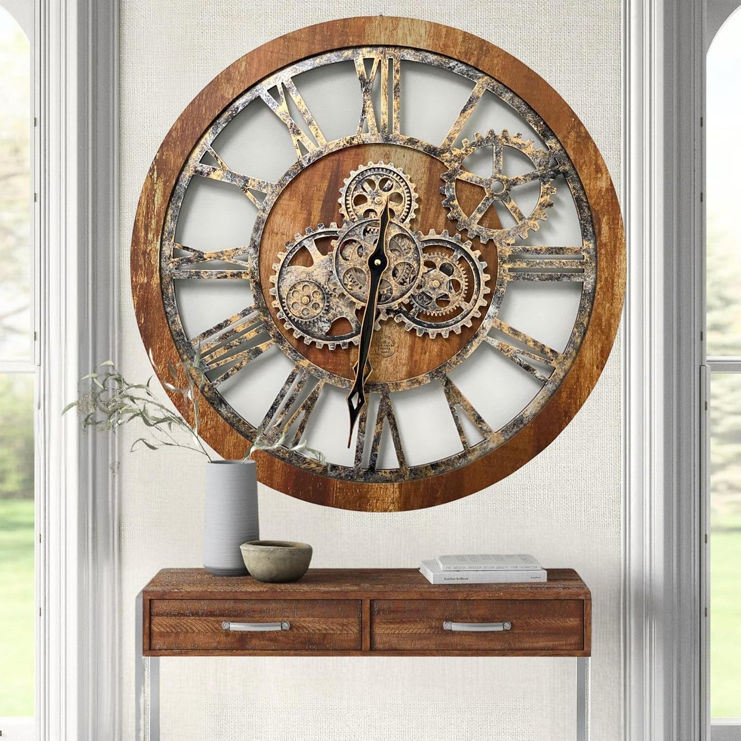 The Gears Clock The Original Real Moving Gear Wall Clock Vintage Industrial Oversized Rustic Farmhouse (24 inch (60cm), Vintage Brown)