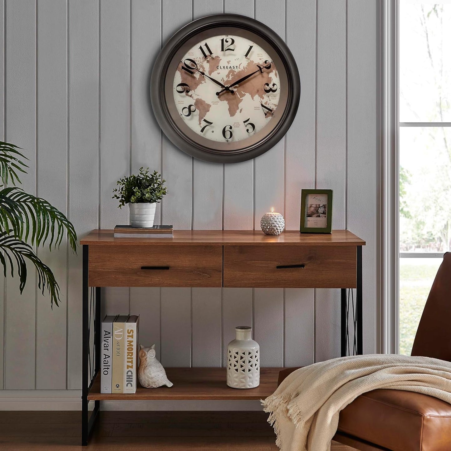 CLXEAST 18 Inch Illuminated Wall Clock with Smart LED Light Sensor, Large Modern World Map Wall Clocks for Living Room Decor,Oil Rubbed Bronze,Unique House Warming Gifts