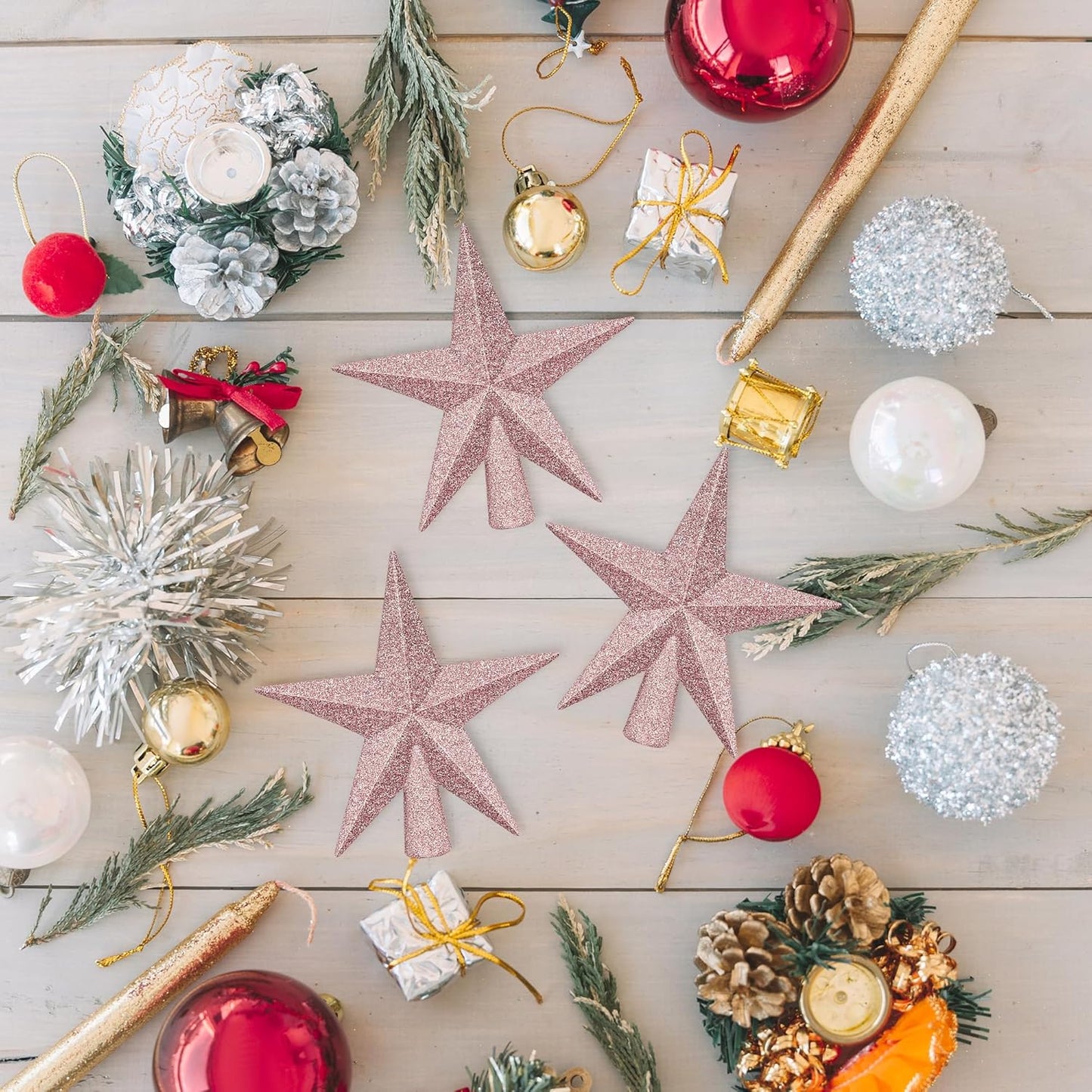 1PCS Tree Topper Star, 4" Rose Gold Christmas Tree Topper Decorations, 3D Glitter Mini Bethlehem Star Shatterproof Tree Decor, Waterproof Xmas Tree Topper for Holiday Home Indoor/Outdoor Ornament