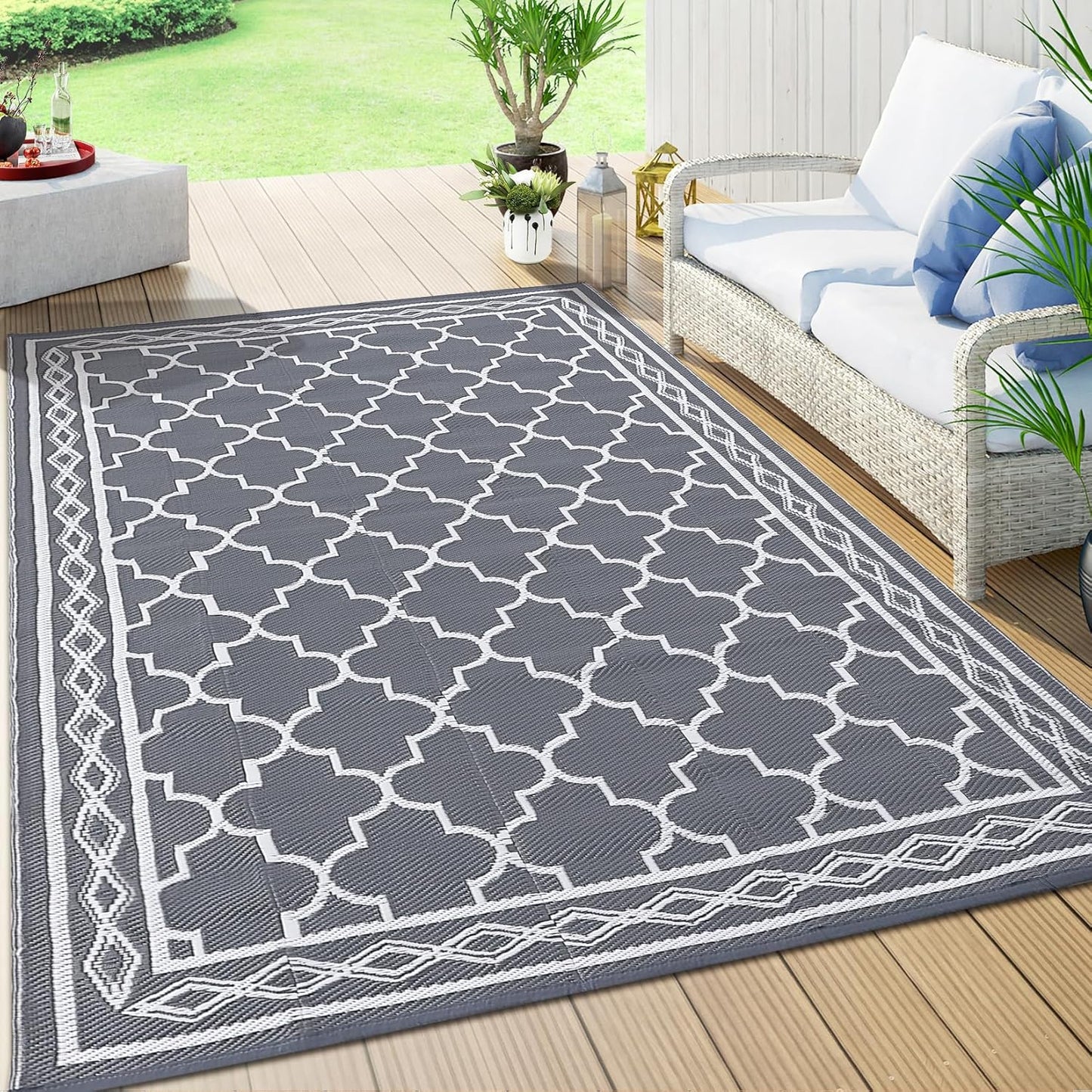 GAOMON Reversible Outdoor Rug 9'x18' Waterproof Plastic Straw Rug, Patio Rug, Large Modern Area Rug Carpet, Indoor Outdoor Rugs for Camping, Porch, Deck, Balcony, Backyard, Grey/White(Geometric)