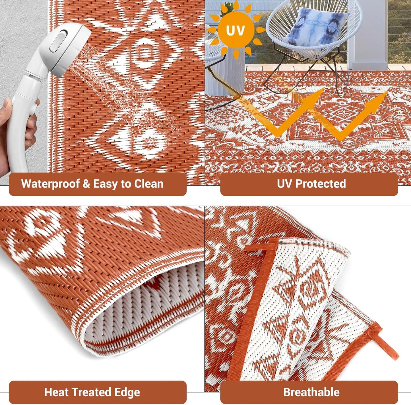 GAOMON Outdoor Rugs for Patio 8x10 Waterproof Reversible Plastic Straw Rug, Large UV-Resistant Portable RV Camping Mats, Indoor Outdoor Medallion Carpet for Outside Deck Porch Garden, Red & White