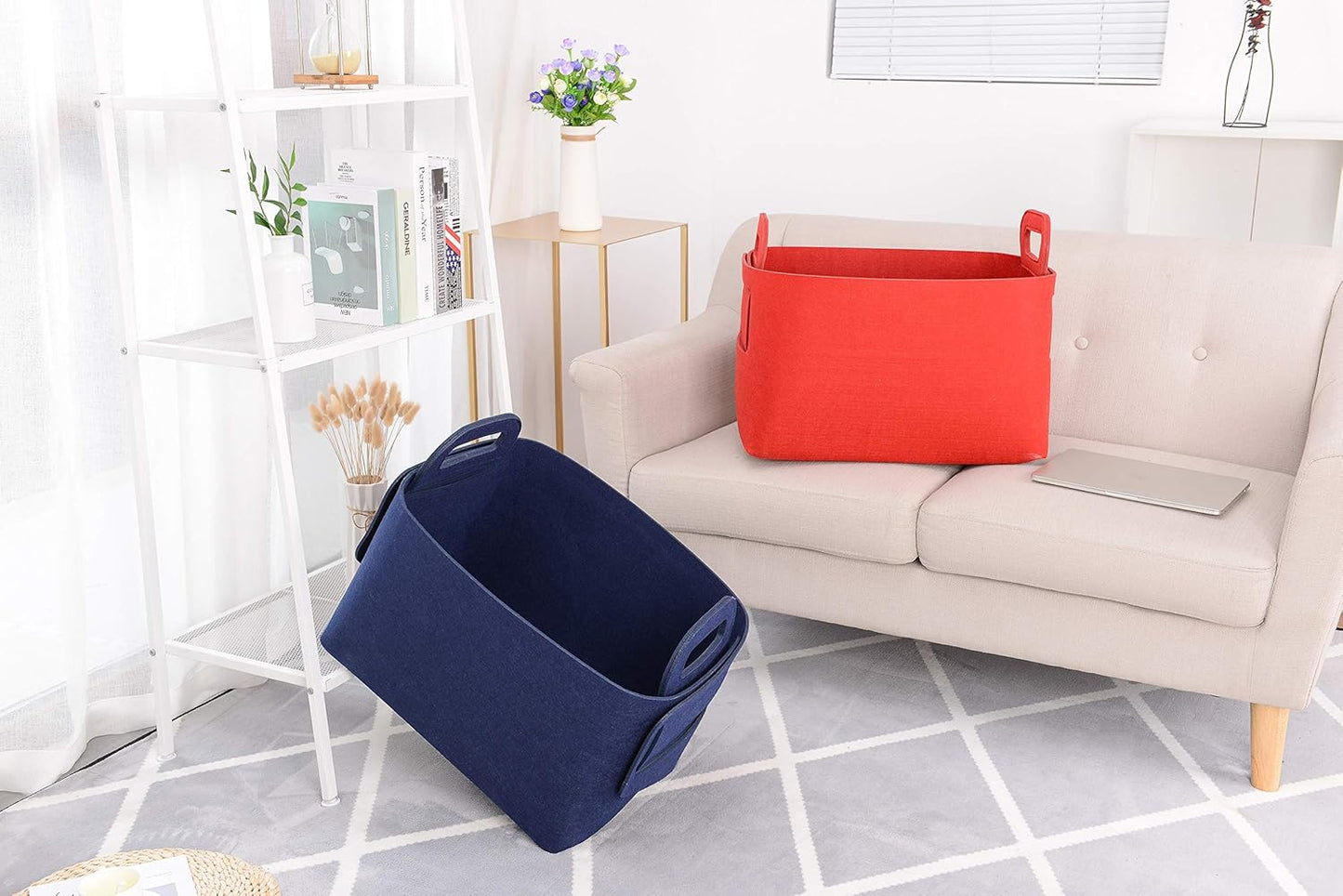 Storage Basket Felt Storage Bin Collapsible& Convenient Box Organizer with Carry Handles for Office Bedroom Closet Babies Nursery Toys Laundry (Navy Blue, 19.9inch（L）×13.6inch（W）×12.6inch（H）)