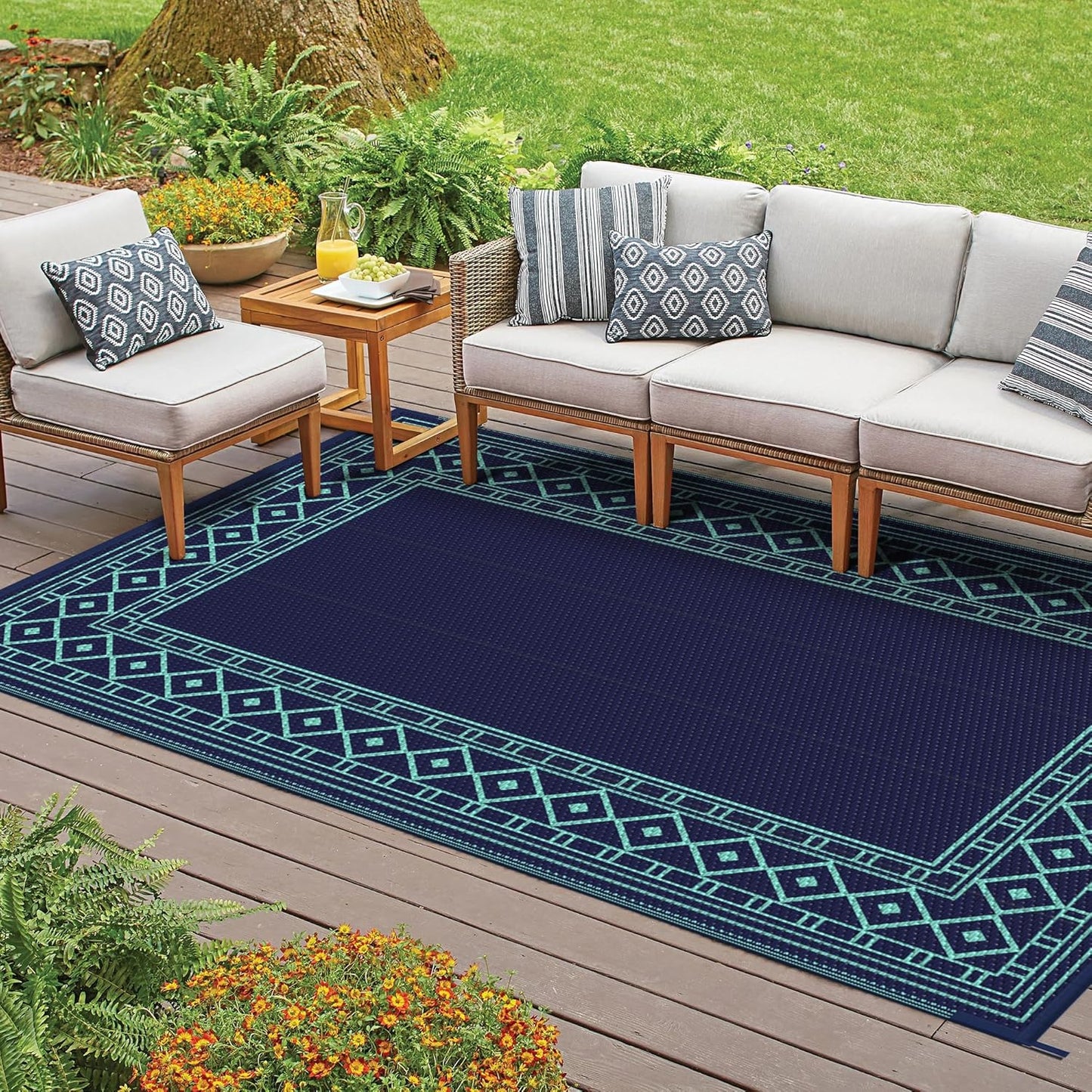 GENIMO Outdoor Rug Waterproof 5'x8' for Patio, Foldable Reversible Plastic Straw Carpet for Travel Trailers, Outside Area Mat for Rv, Deck, Picnic, Porch, Balcony, Beach, Navy Blue & Jade Green