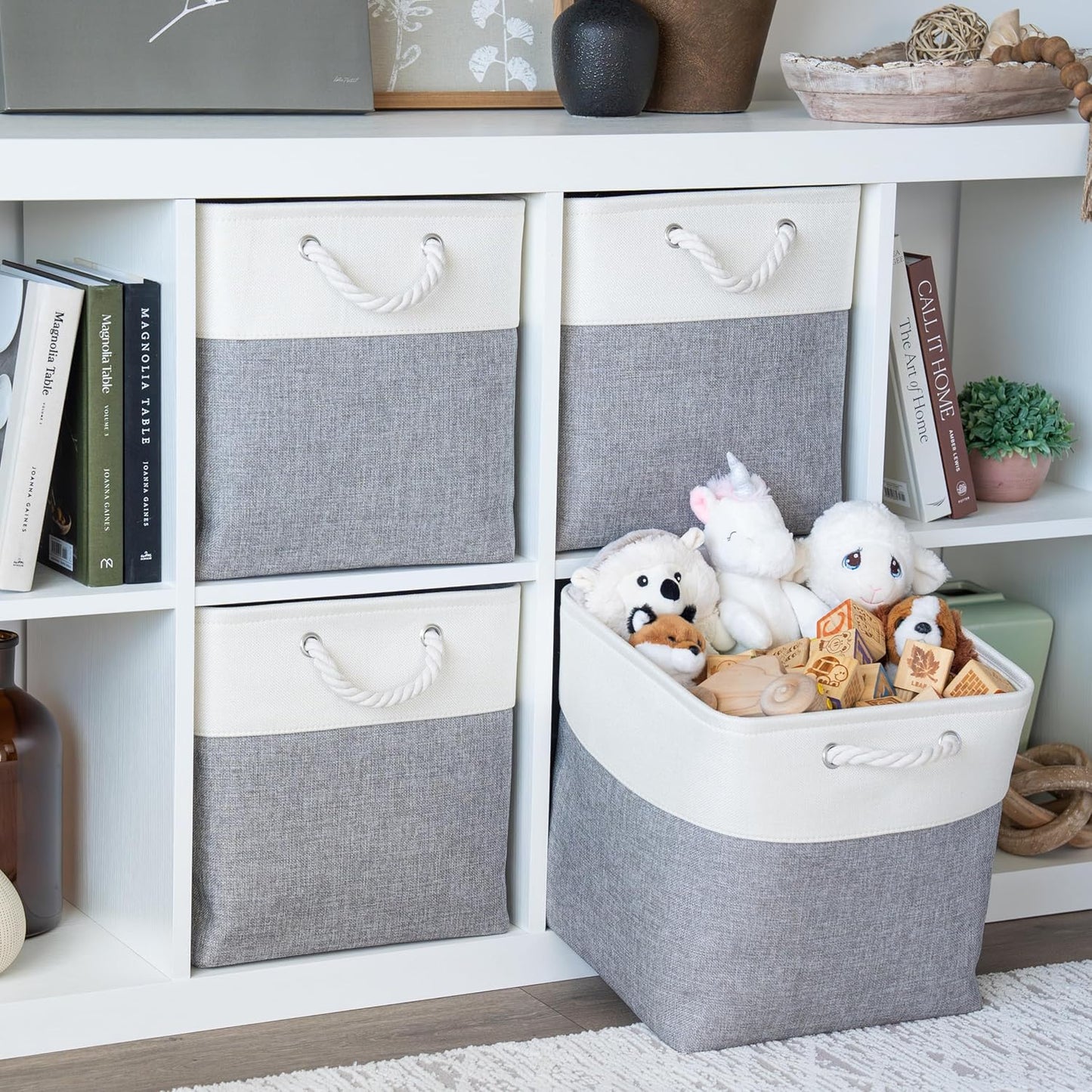 OrganiHaus 13x13 Cube Storage Bins 4 Pack, Foldable Cube Storage Organizer w/ Rope Handles, Collapsible Fabric Bins for Toys, Clothes & Closet Organization, Fabric Square Baskets - Gray/White