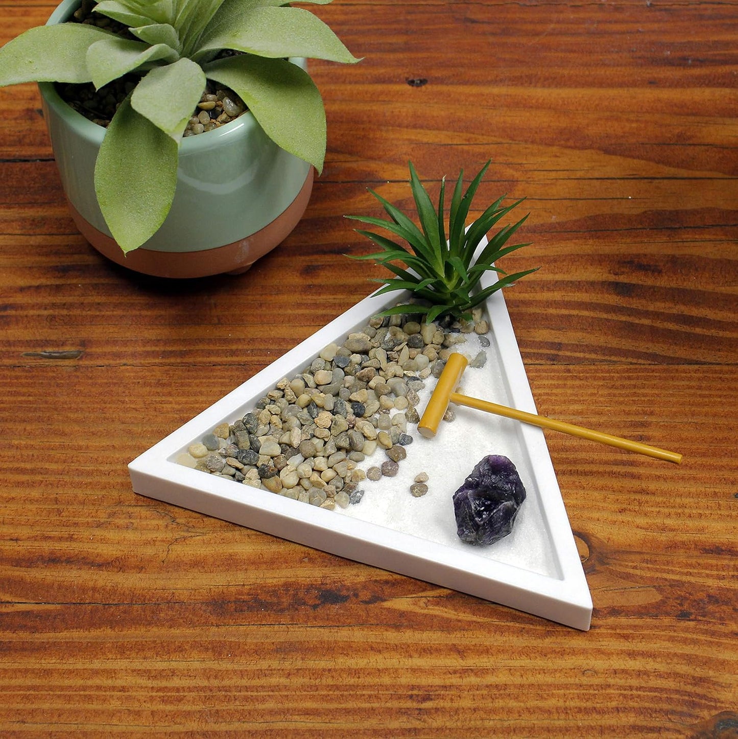 Nature's Mark Mini Zen Garden Kit for Desk with White Sand, Rake, White Base, Salt Rock and Air Plant (Triangle)