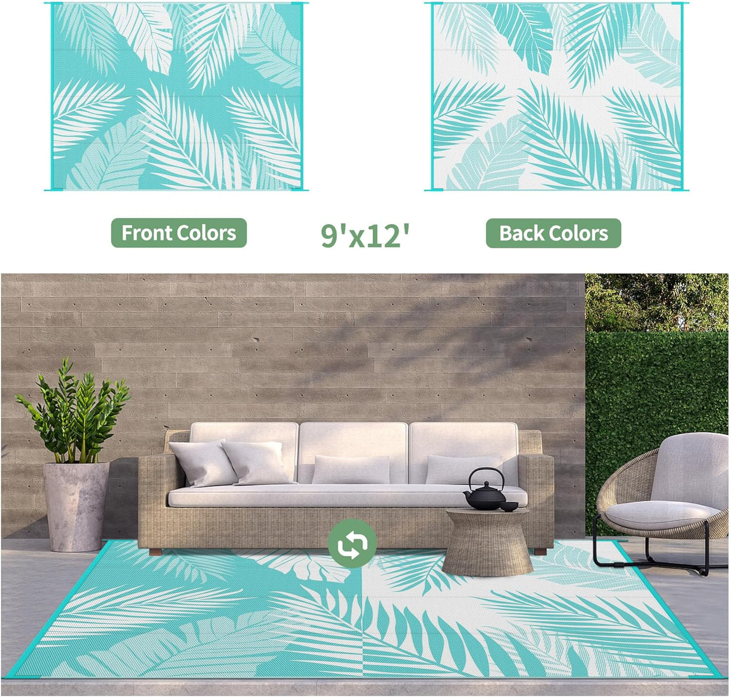 GENIMO Outdoor Rug 9' x 12' Waterproof for Patios Clearance, Reversible Outdoor Plastic Straw Camping Rug Carpet, Large Area Rugs Mats for RV, Camper, Deck, Balcony, Porch, Beach, Aqua Blue&White