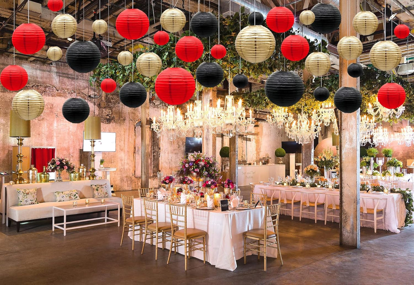 ADLKGG Paper Lanterns Decorations, Red Black Gold Hanging Round Paper Lanterns for Graduation, BBQ Party Supplies, Mickey Mouse Themed Birthday, Pirate Theme Casino Poker Party Decor Set of 21