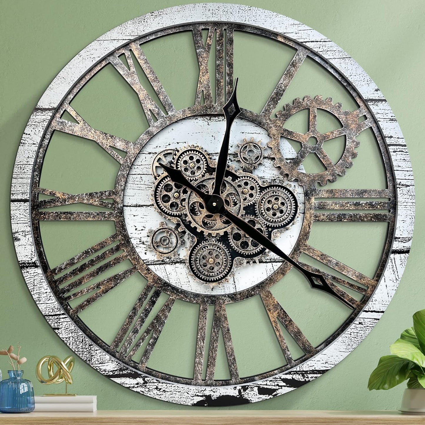 HOIBAI Large Wall Clock Clocks for Living Room Decor Oversized 30 Inch Wall Decor Farmhouse Vintage Rustic Industrial Roman Big Chic Home Decor Wall Clock for House Bedroom, Moving Gears Clock