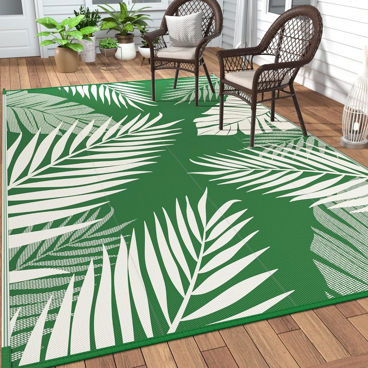 GENIMO Outdoor Rug 6' x 9' Waterproof for Patios Clearance, Reversible Outdoor Plastic Straw Camping Rug Carpet, Large Area Rugs Mats for RV, Picnic, Backyard, Deck, Balcony, Porch, Dark Green&White