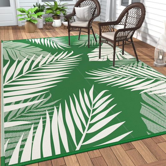 GENIMO Outdoor Rug 5' x 8' Waterproof for Patios Clearance, Reversible Plastic Straw Camping Rug Carpet, Large Area Rugs Mats for RV, Picnic, Backyard, Deck, Balcony, Porch, Dark Green&White