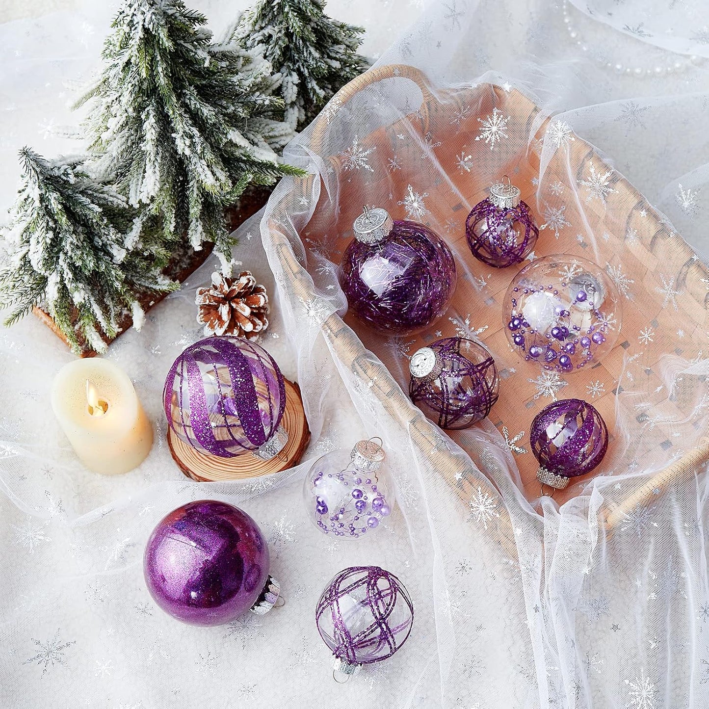 Clear Christmas Ball Ornaments,24ct Shatterproof Plastic Decorative Christmas Ornaments Hanging Xmas Tree Baubles Set with Stuffed Delicate Glittering Decorations for Holiday Party Home Decor(Purple)