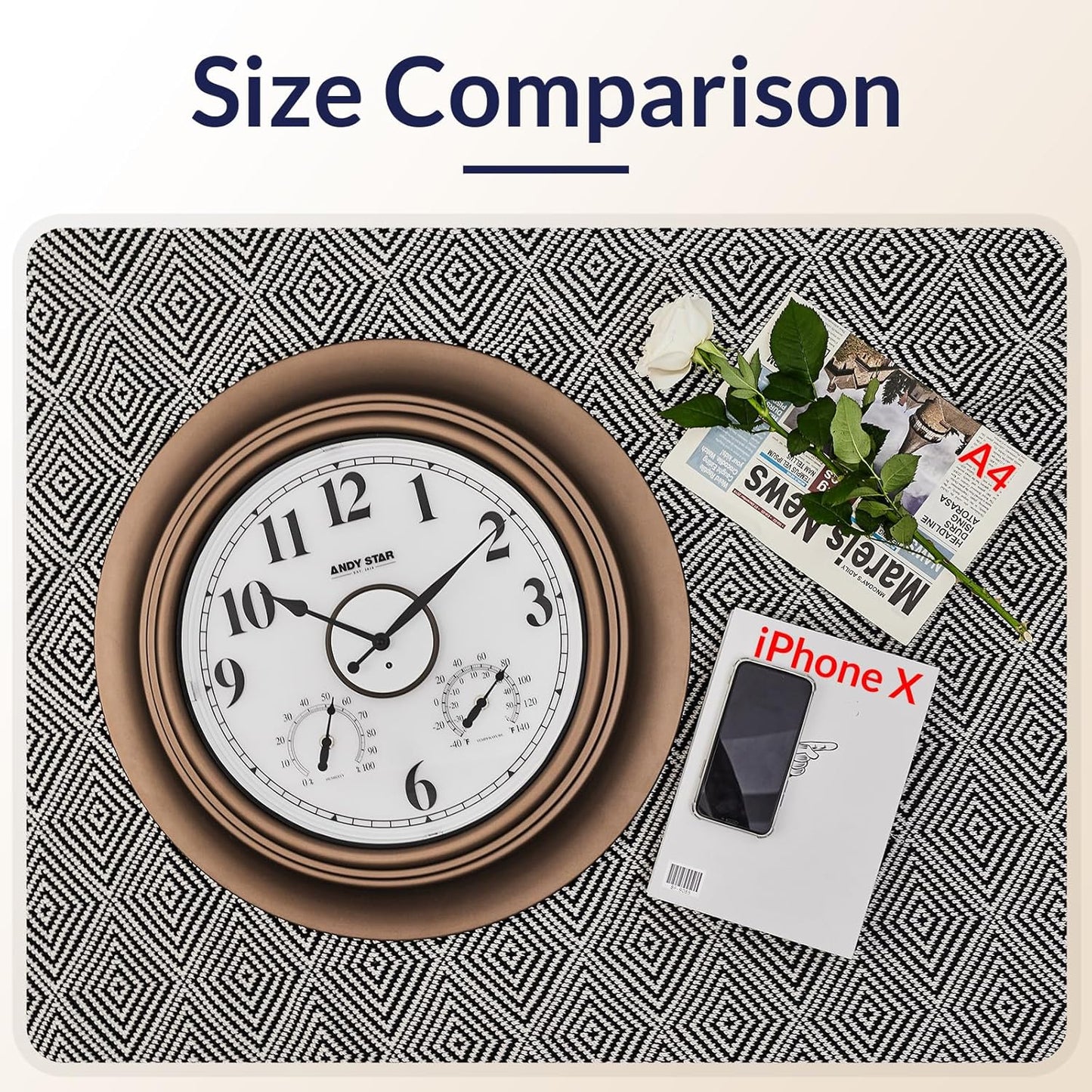 Andy Star 21 Inch Large Luminous Outdoor Wall Clock Waterproof with Temperature, Vintage Round Wall Clocks Battery, Oversized Pool Clock for Garden Patio Rustic Bronze Finish Silent Non Ticking Clock