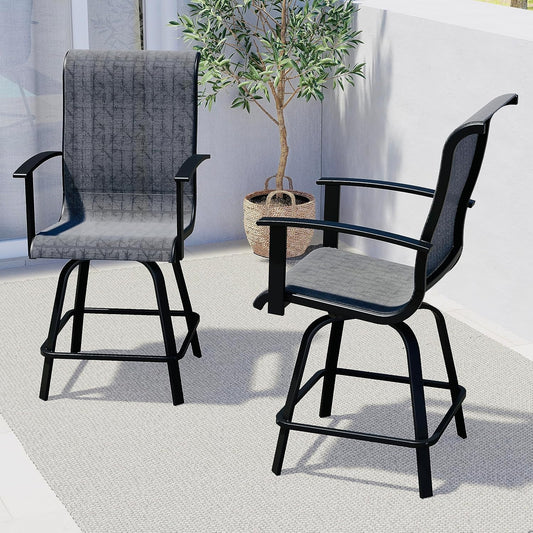Grand patio Counter Height Outdoor Swivel Bar Stools Set of 2, Patio Bar Chairs with Arms Backs for Porch Balcony, Poolside, Deck (Black&Grey Plaid, 2PC)