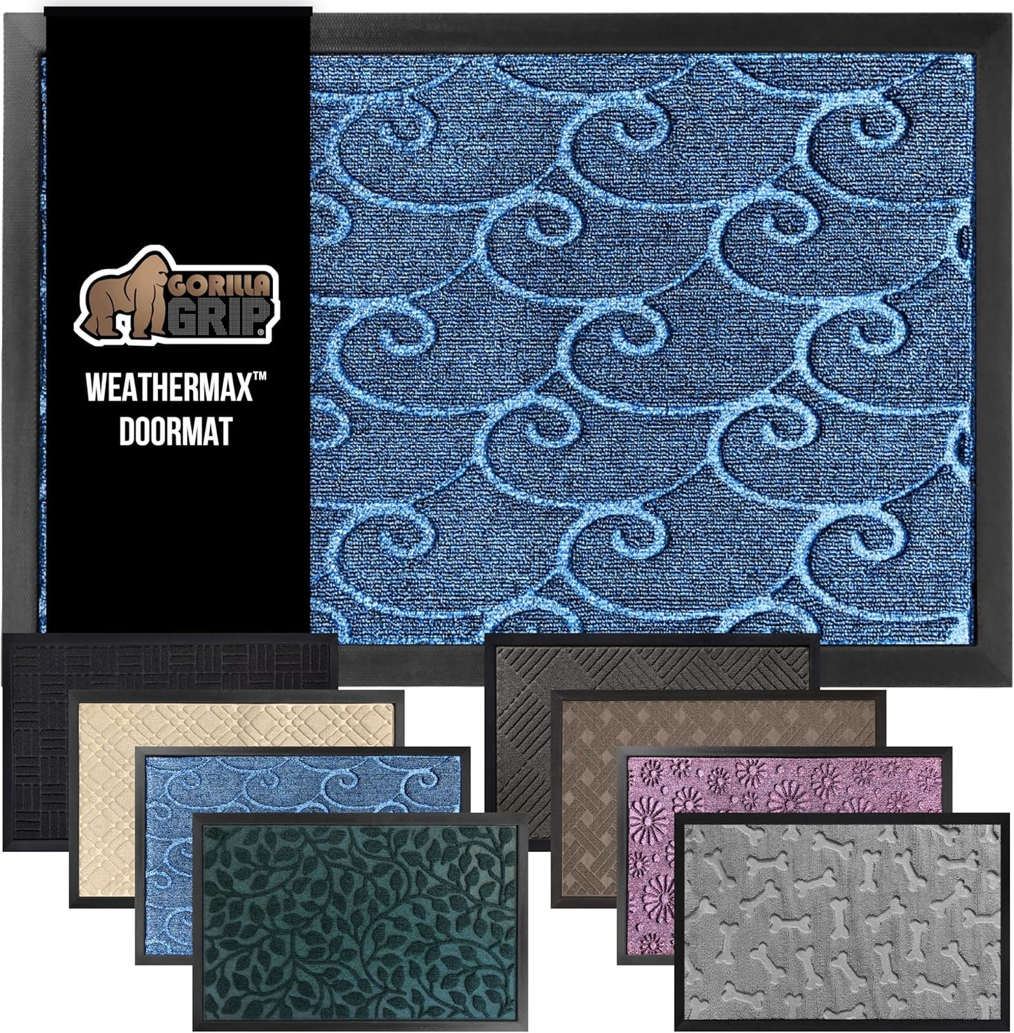 GORILLA GRIP 100% Waterproof All-Season WeatherMax Doormat, 72x24, US Designed Natural Rubber, Stain and Fade Resistant, Low Profile Indoor Outdoor Door Mats, Easy Clean Patio Mat, Ocean Blue Waves