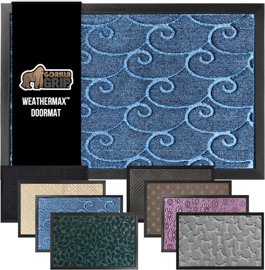 GORILLA GRIP 100% Waterproof All-Season WeatherMax Doormat, 72x24, US Designed Natural Rubber, Stain and Fade Resistant, Low Profile Indoor Outdoor Door Mats, Easy Clean Patio Mat, Ocean Blue Waves
