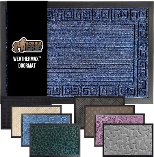 GORILLA GRIP 100% Waterproof All-Season WeatherMax Doormat, 47x35, US Designed Natural Rubber, Stain and Fade Resistant, Low Profile Indoor Outdoor Door Mats, Easy Clean Patio Mat, Navy Greek Keys